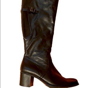 Size 9 Laura Ashley black pleather with cloth accents and buckle heeled boots